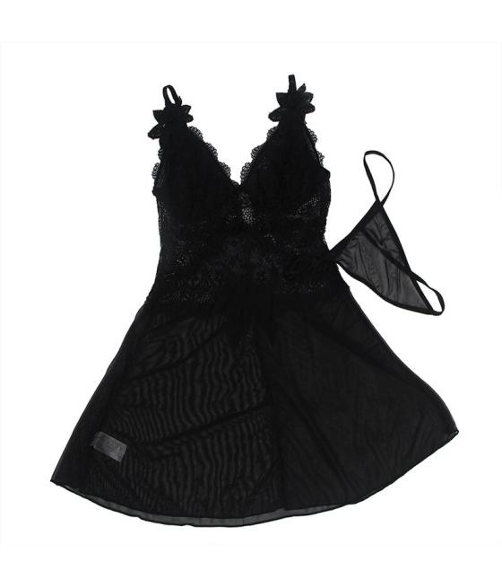 Subblime - babydoll tela de tul detalle encaje y flor negro s/m