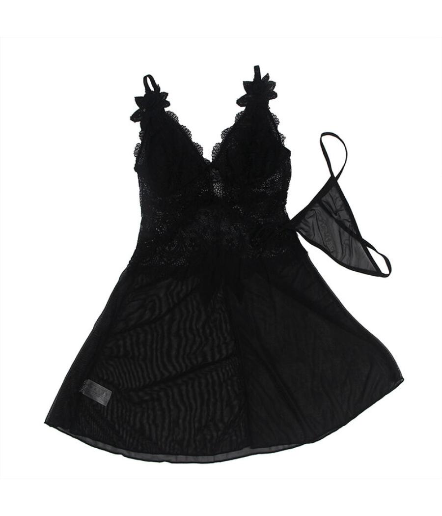 Subblime - babydoll tela de tul detalle encaje y flor negro s/m