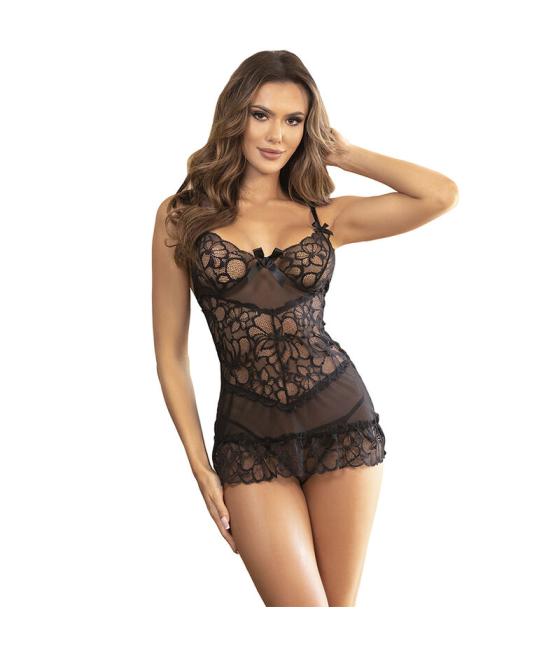 Subblime - babydoll con tirantes ajustables y estampado floral de encaje transparente negro s/m