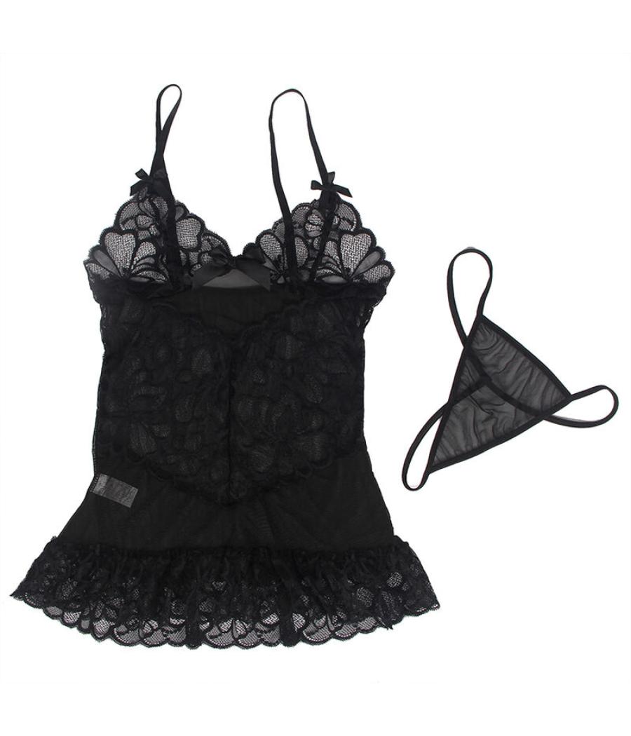 Subblime - babydoll con tirantes ajustables y estampado floral de encaje transparente negro s/m