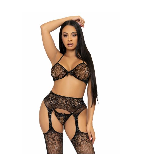Leg avenue - set tres piezas sujetador, tanga y medias talla unica - negro
