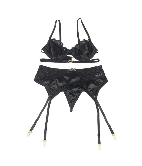 Subblime - set de 3 piezas sujetador + tanga + liga encaje negro s/m