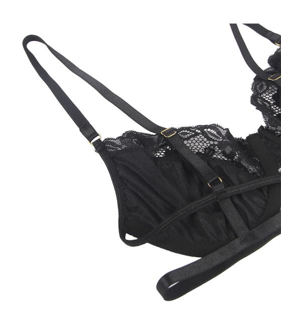 Subblime - set de 3 piezas sujetador + tanga + liga encaje negro s/m