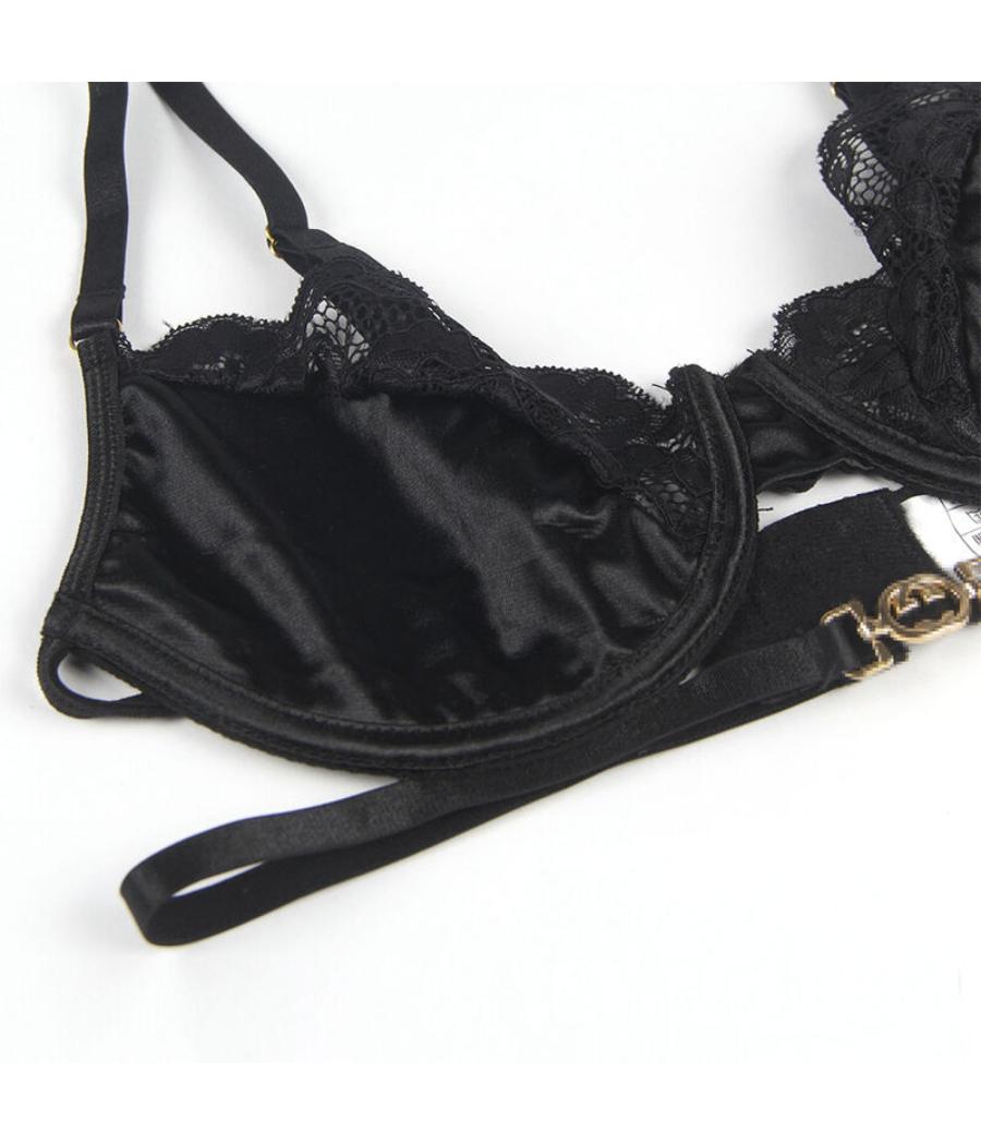 Subblime - set de 3 piezas sujetador + tanga + liga encaje negro s/m