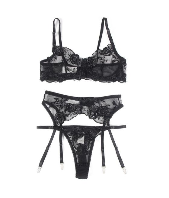 Subblime - set de 3 piezas sujetador + tanga + liga estampado floral negro s/m