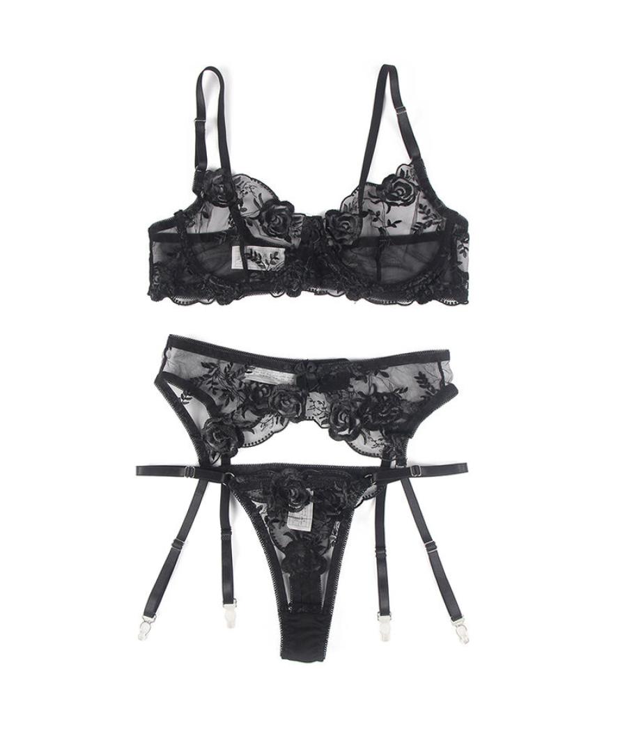 Subblime - set de 3 piezas sujetador + tanga + liga estampado floral negro s/m