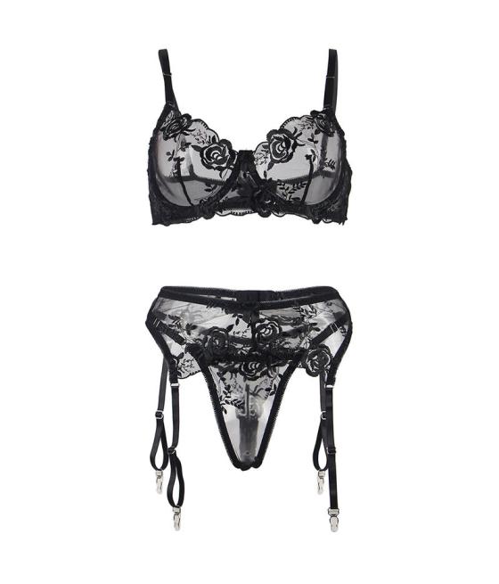 Subblime - set de 3 piezas sujetador + tanga + liga estampado floral negro s/m