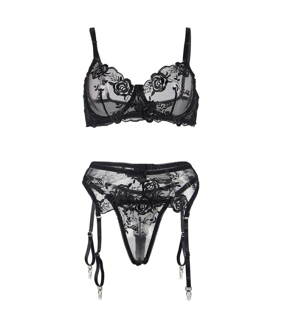 Subblime - set de 3 piezas sujetador + tanga + liga estampado floral negro s/m