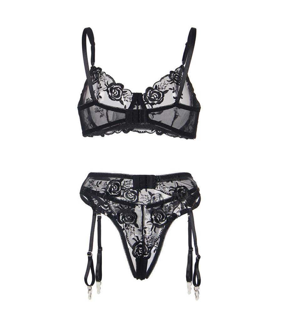 Subblime - set de 3 piezas sujetador + tanga + liga estampado floral negro s/m