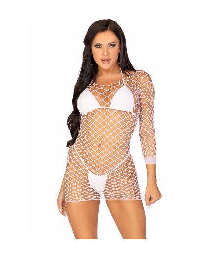 Leg avenue - vestido de rejilla manga larga blanco talla Ãnica
