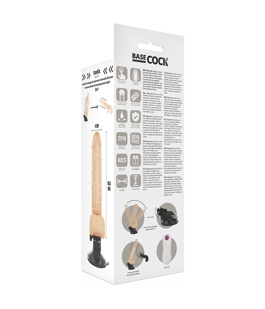 Basecock - vibrador realistico control remoto con testiculos 19.5 cm -o- 4 cm