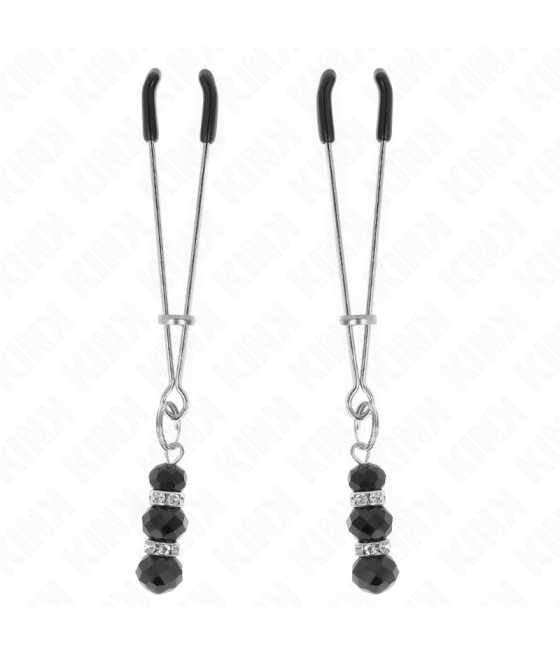 Kink - pinzas para pezones plateada fina con triple bola de vidrio negro 7 cm