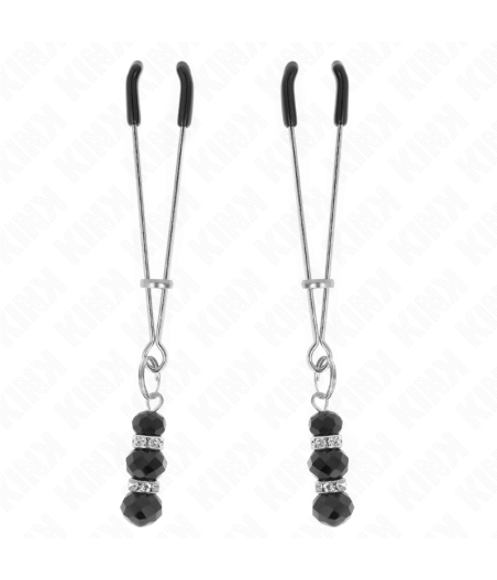Kink - pinzas para pezones plateada fina con triple bola de vidrio negro 7 cm