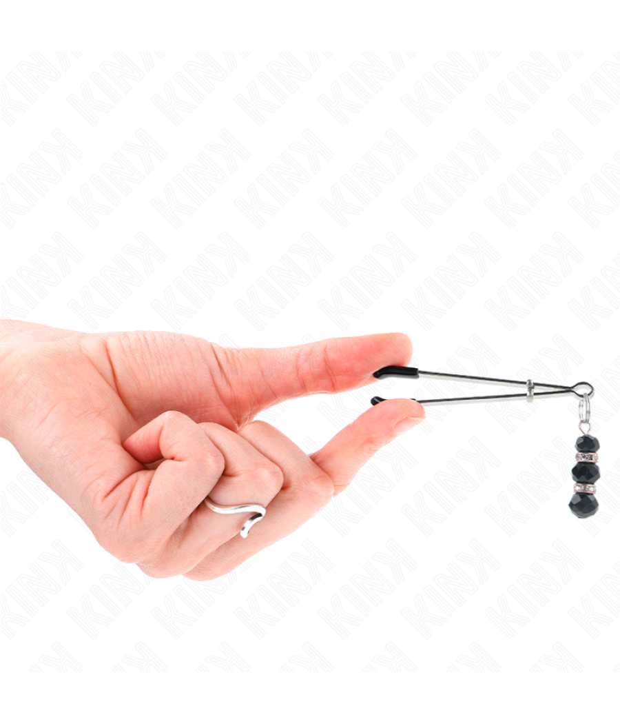 Kink - pinzas para pezones plateada fina con triple bola de vidrio negro 7 cm