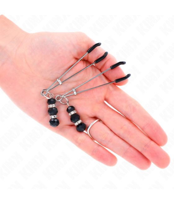 Kink - pinzas para pezones plateada fina con triple bola de vidrio negro 7 cm